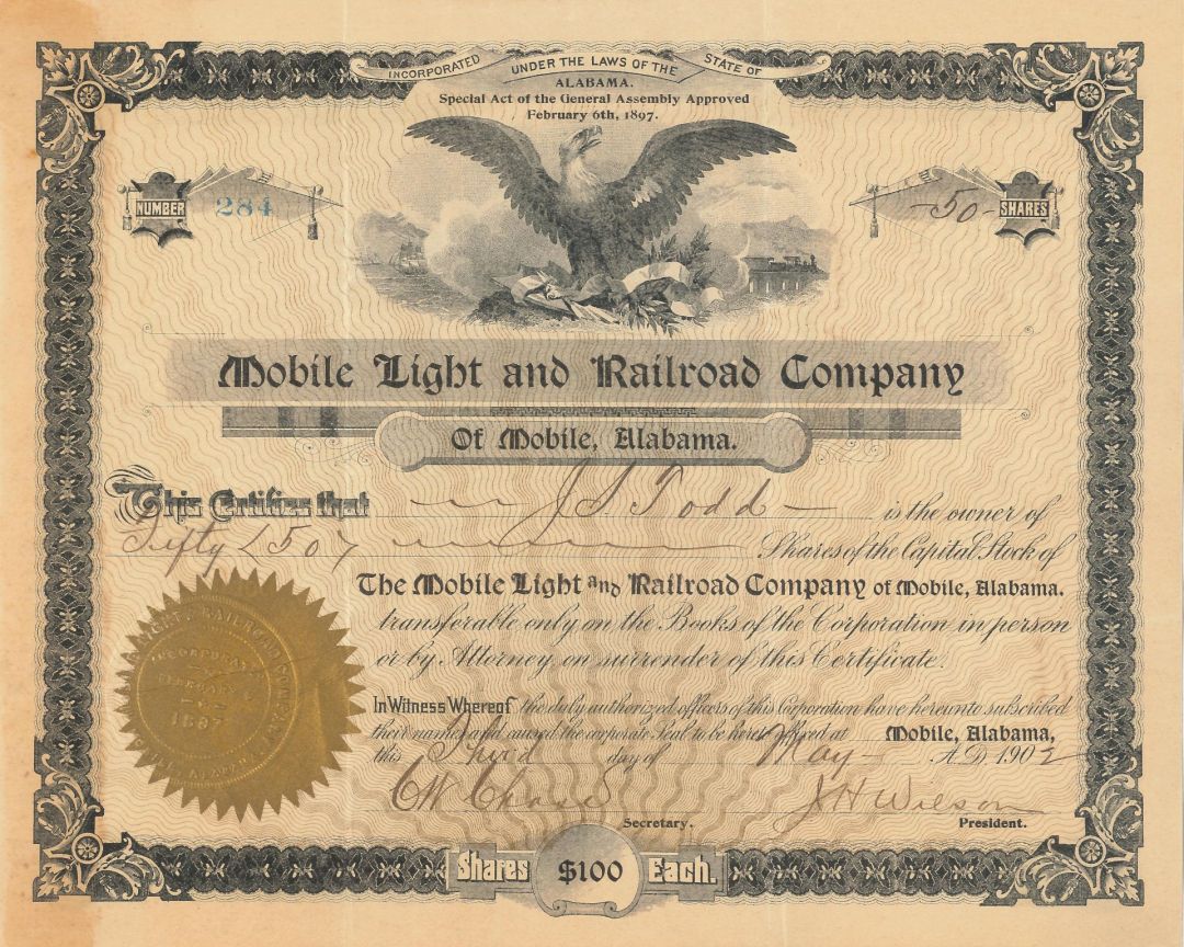 Mobile Light and Railroad Co. of Mobile, Alabama - 1904 dated Stock Certificate 