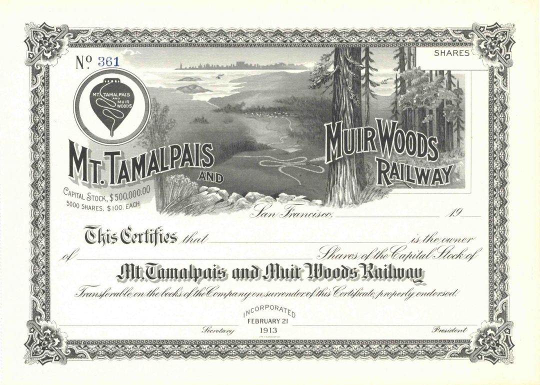 Mt. Tamalpais & Muir Woods Railway - Very Rare California Railroad Unissued Stock Certificate