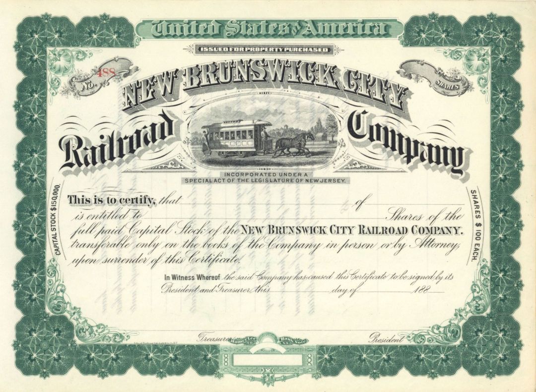 New Brunswick City Railway Co. - Unissued Stock Certificate