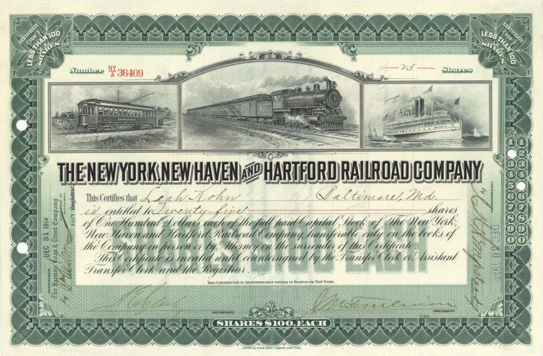 New York, New Haven and Hartford Railroad Co. - Triple Vignette - 1914 dated Railway Stock Certificate - Very Rare