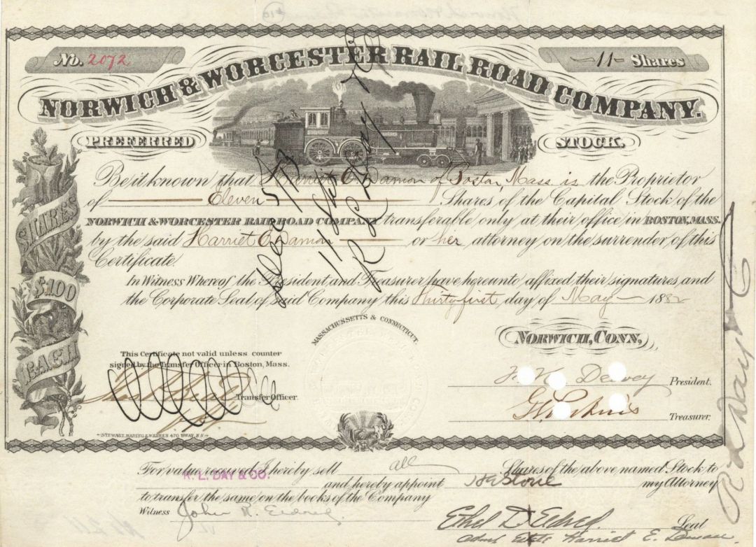 Norwich and Worcester Railroad Co. - Stock Certificate