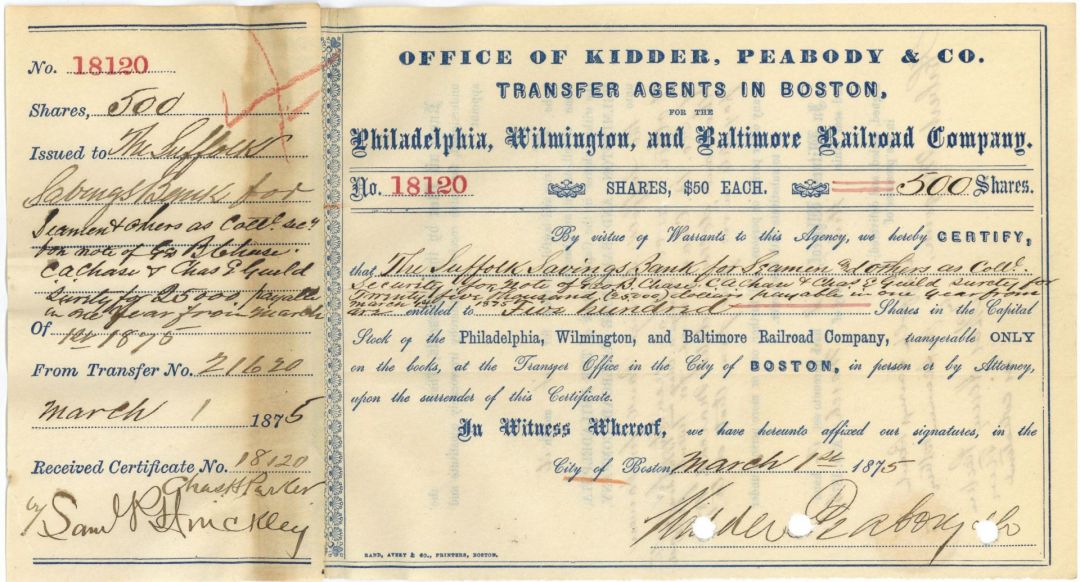 Philadelphia, Wilmington and Baltimore Railroad Co. - Railway Stock Certificate