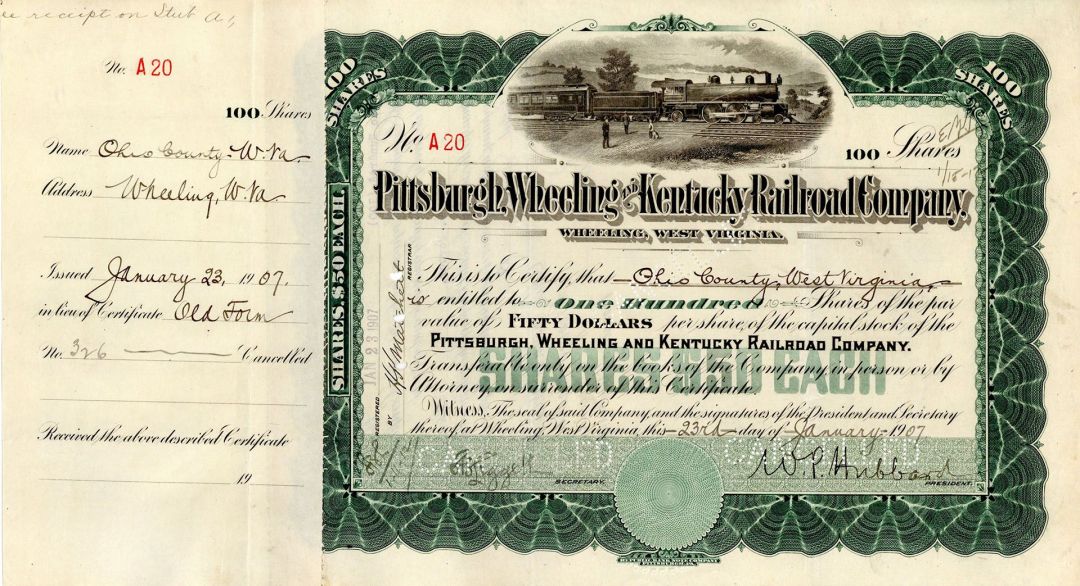 Pittsburgh, Wheeling and Kentucky Railroad Co. - 1906-16 dated Railway Stock Certificate