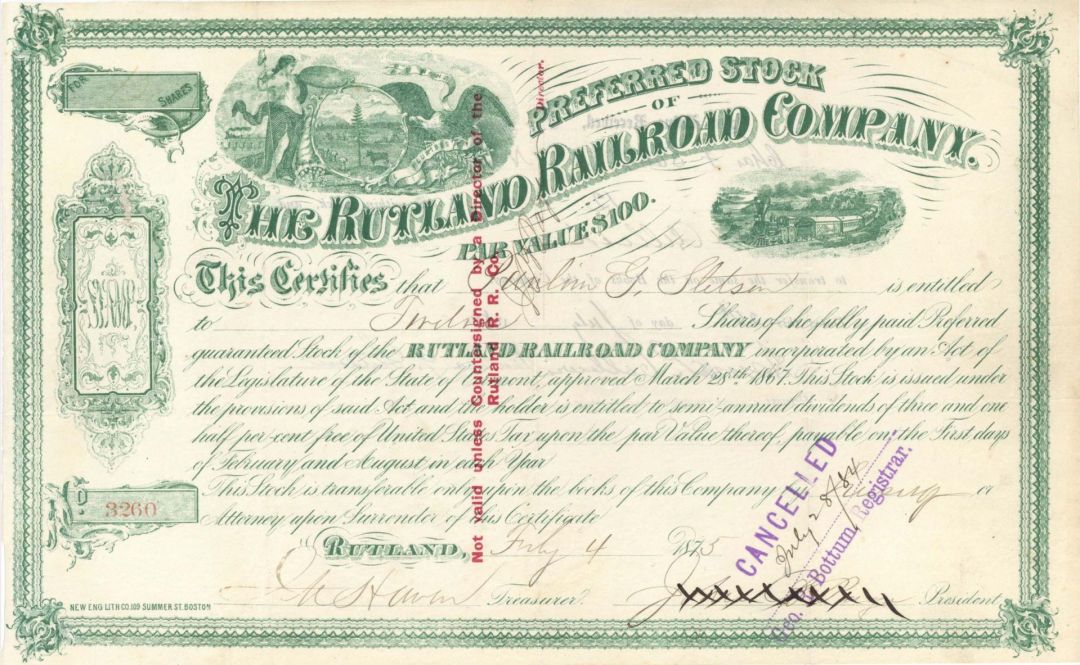 Rutland Railroad Co. - 1875 dated Stock Certificate