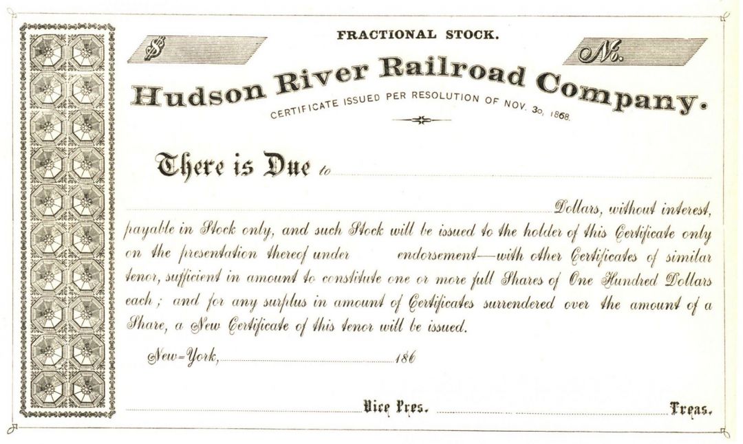 Hudson River Railroad Co. - Unissued Fractional Railway Stock Certificate