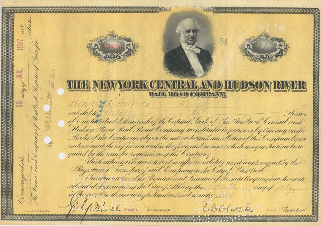 New York Central and Hudson River Railroad Co. - Rare Variety - 1888-1911 Stock Certificate