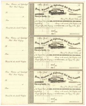 1860's circa Sheet of 3 Stocks - Rome, Watertown and Ogdensburgh Railroad Co. - Three Unissued Railway Stock Certificates Sheet