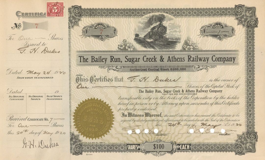 Bailey Run, Sugar Creek and Athens Railway Co. - Stock Certificate