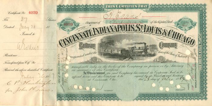 Cincinnati, Indianapolis, St. Louis and Chicago Railway Co. transferred from C.P. Huntington - Stock Certificate