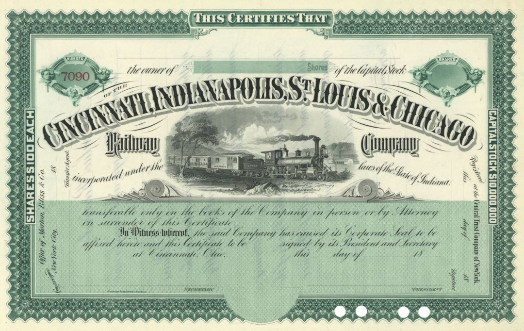 Cincinnati, Indianapolis, St. Louis & Chicago Railway Co. - Unissued Railroad Stock Certificate
