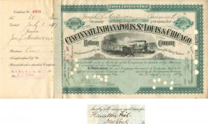 Cincinnati, Indianapolis, St. Louis and Chicago Railway Co. transferred to Hamilton Fish - Railroad Stock Certificate