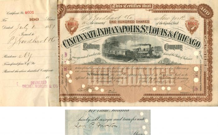 Cincinnati, Indianapolis, St. Louis and Chicago Railway Co. transferred to Levi Morton - Railroad Stock Certificate