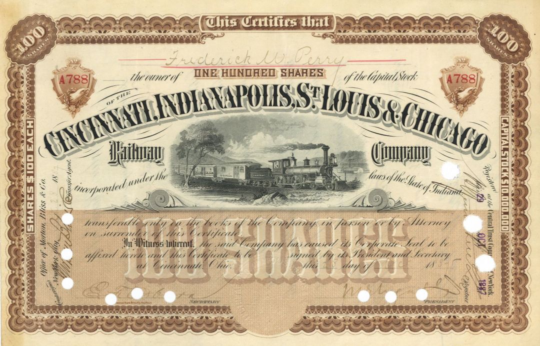 Cincinnati, Indianapolis, St. Louis & Chicago Railway Co. - Railroad Stock Certificate