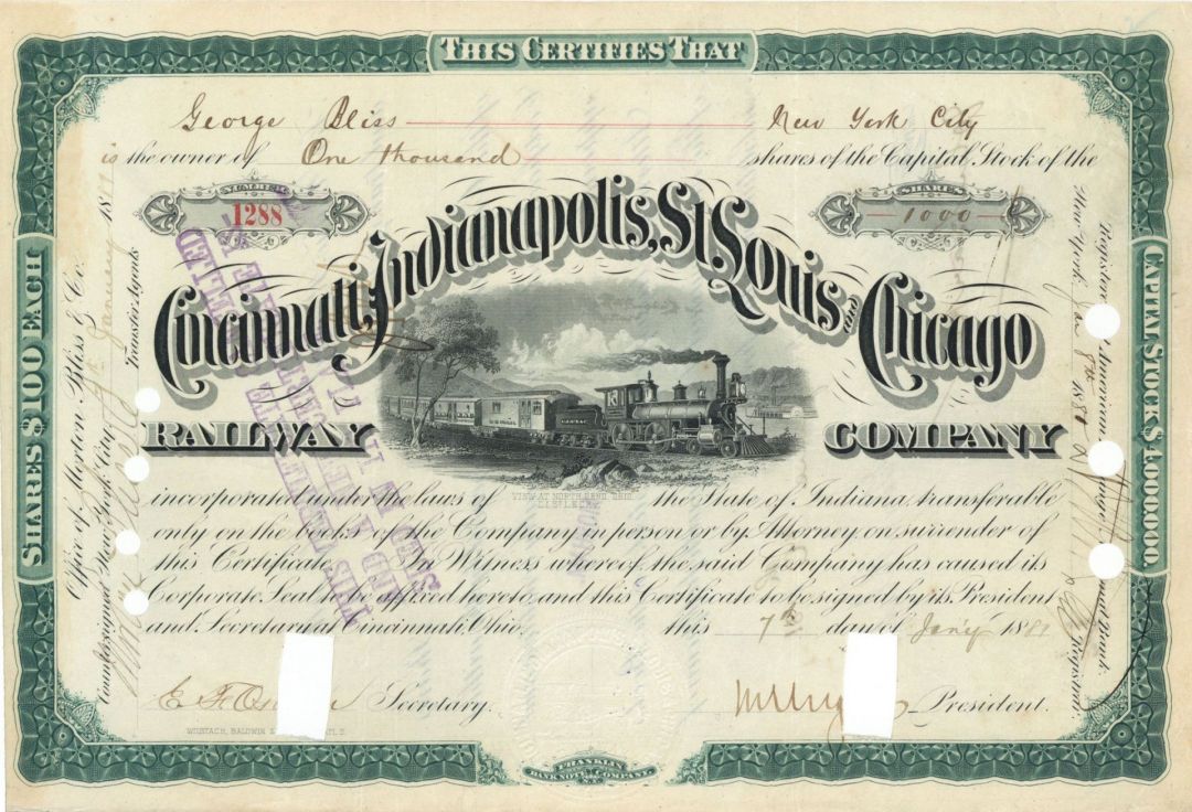 Cincinnati, Indianapolis, St. Louis & Chicago Railway Co. - Railroad Stock Certificate