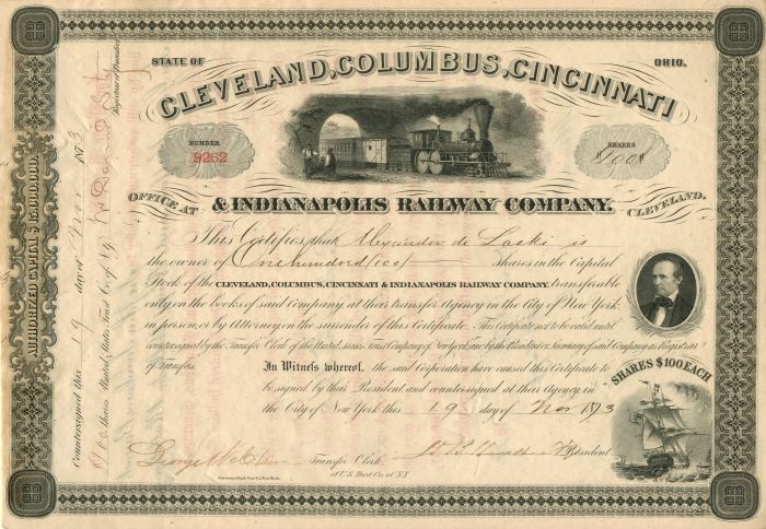 Cleveland, Columbus, Cincinnati and Indianapolis Railway Co. - Stock Certificate