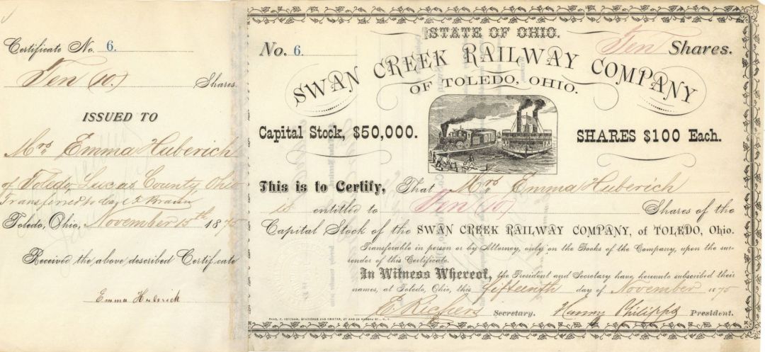 Swan Creek Railway Co. of Toledo, Ohio - 1875-1884 dated Railroad Stock Certificate