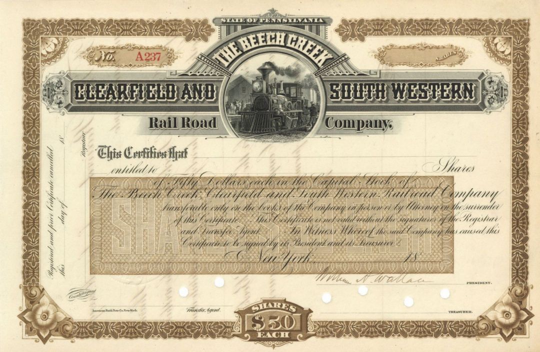 Beech Creek, Clearfield and South Western Railroad Co. - Unissued Stock Certificate