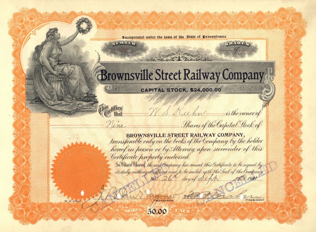 Brownsville Street Railway Co. - 1905-16 dated Railroad Stock Certificate - Pennsylvania Railroad