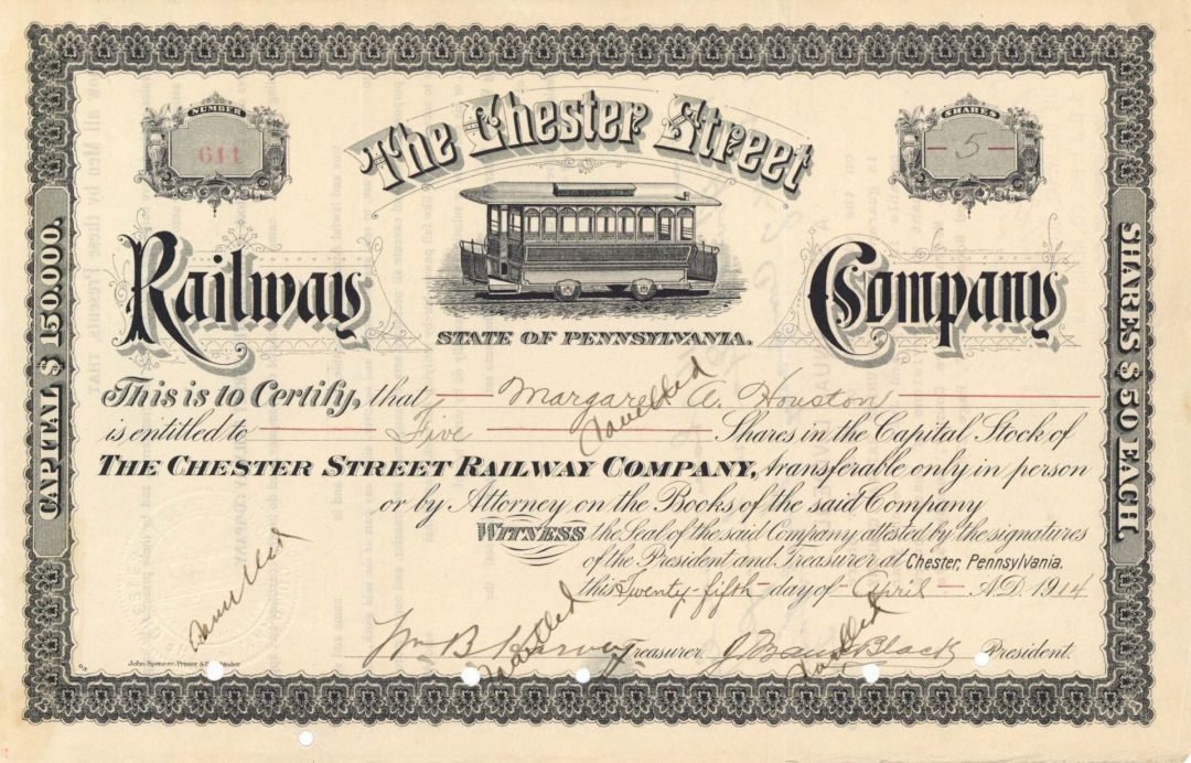 Chester Street Railway Co. - 1914 dated Stock Certificate