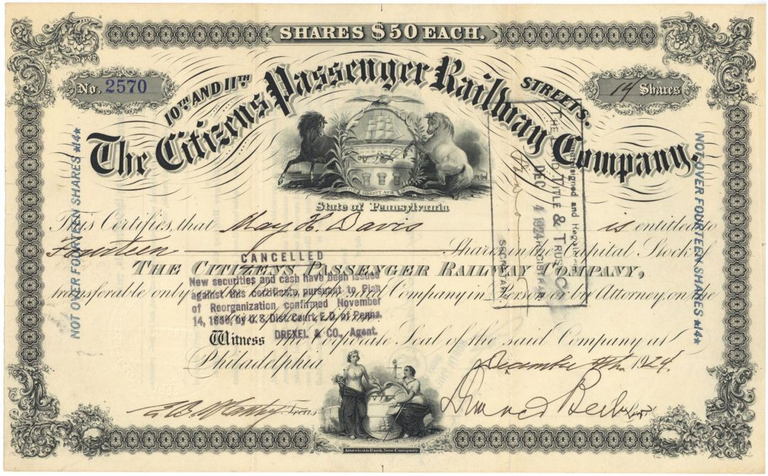 Citizens Passenger Railway Co. - Pennsylvania Railroad Stock Certificate