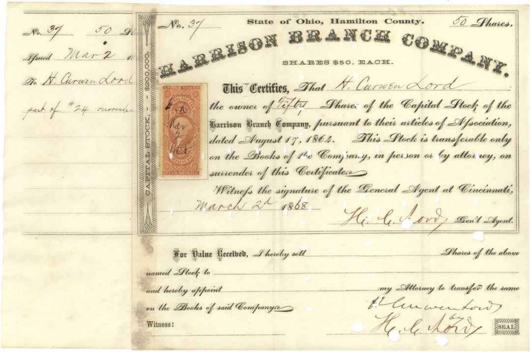 Harrison Branch Co. - 1860's dated Railway Stock Certificate - Ohio, Hamilton County Railroad