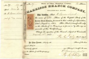 Harrison Branch Co. - 1860's dated Railway Stock Certificate - Ohio, Hamilton County Railroad