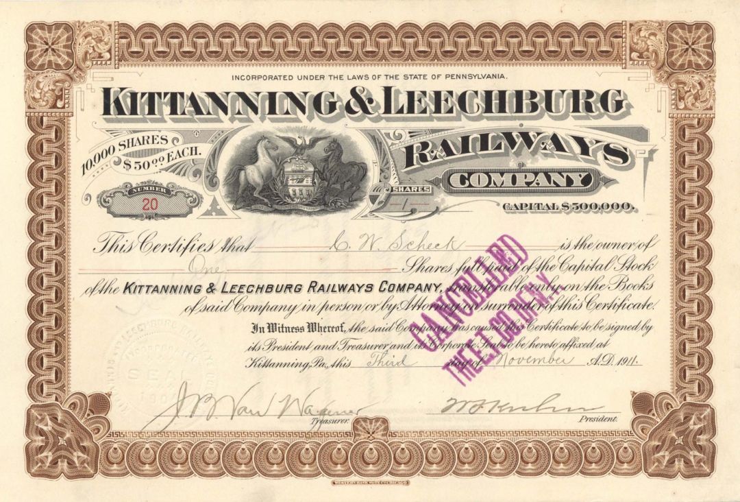 Kittanning and Leechburg Railways Co. - 1911-1920 dated Stock Certificate