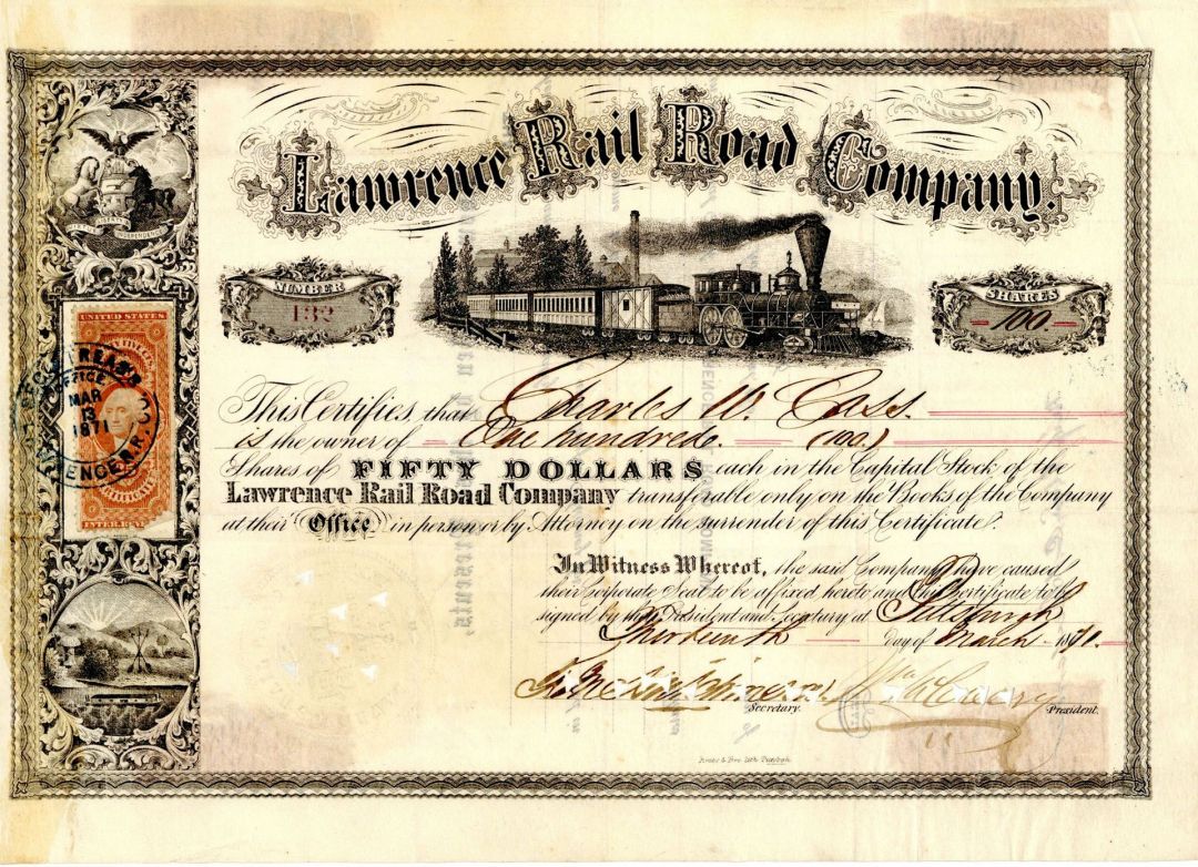 Lawrence Rail Road Co. - Stock Certificate