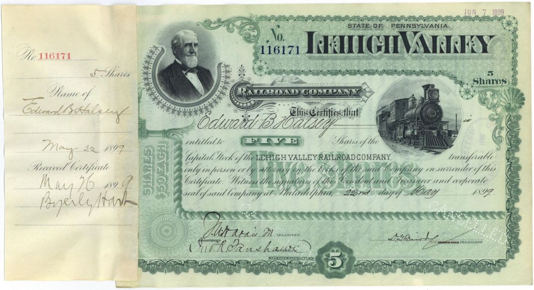 Lehigh Valley Railroad Co. - 1892-1901 dated Pennsylvania Railway Stock Certificate