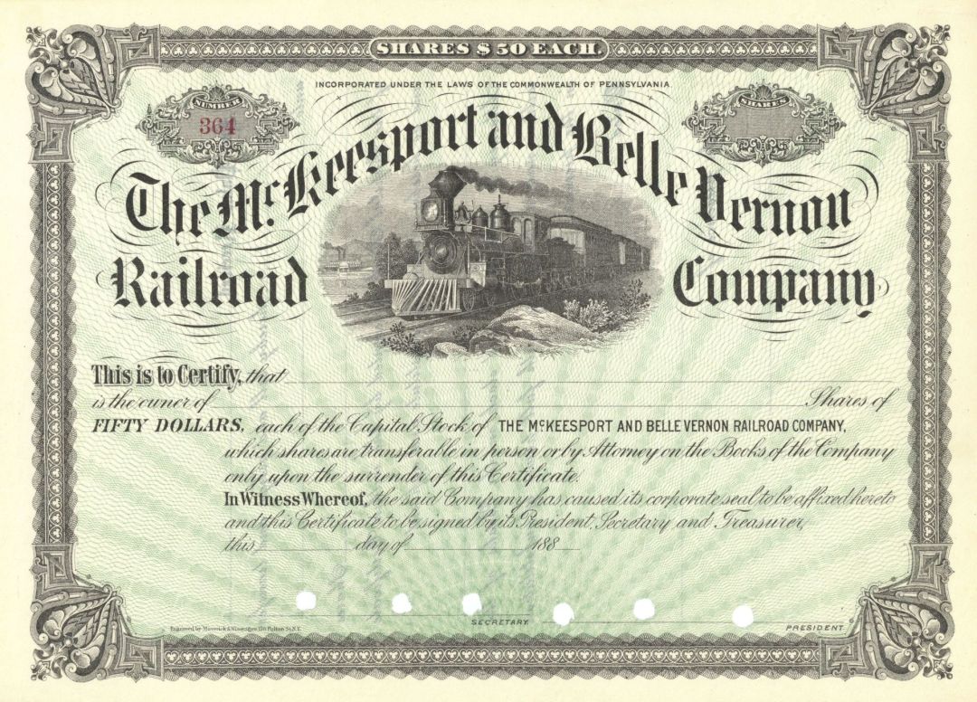 McKeesport and Belle Vernon Railroad Co. - 1880's dated Unissued Railway Stock Certificate