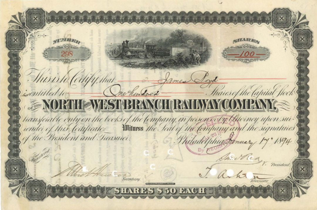 North and West Branch Railway Co. - 1894 dated Stock Certificate