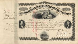 Philadelphia City Passenger Railway Co. - 1877 dated Stock Certificate