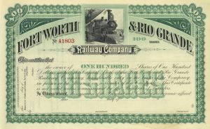 Fort Worth and Rio Grande Railway Co. - Unissued Texas Railroad Stock Certificate