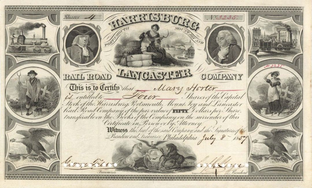 Harrisburg, Portsmouth, Mount Joy and Lancaster Railroad Co. - 1857, 1861 or 1869 dated Stock Certificate