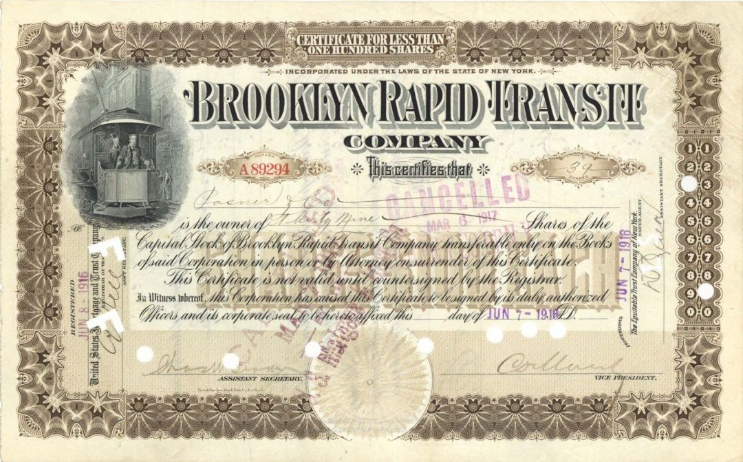 Brooklyn Rapid Transit Co. - 1914-1916 dated Railroad Stock Certificate