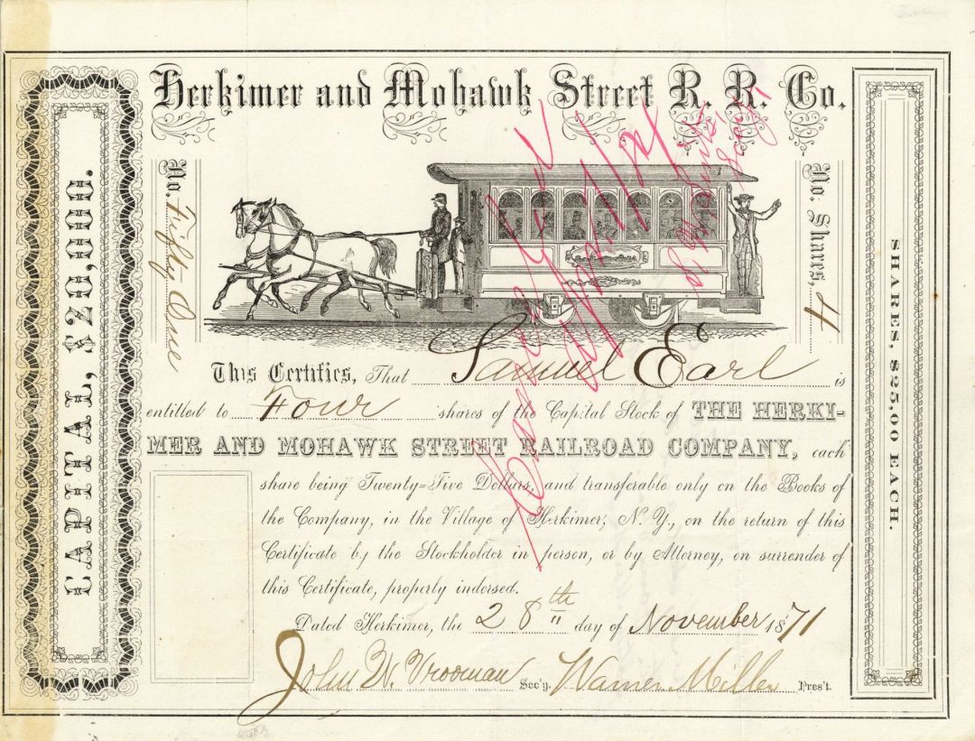 Herkimer and Mohawk Street Railroad Co. - Railway Stock Certificate