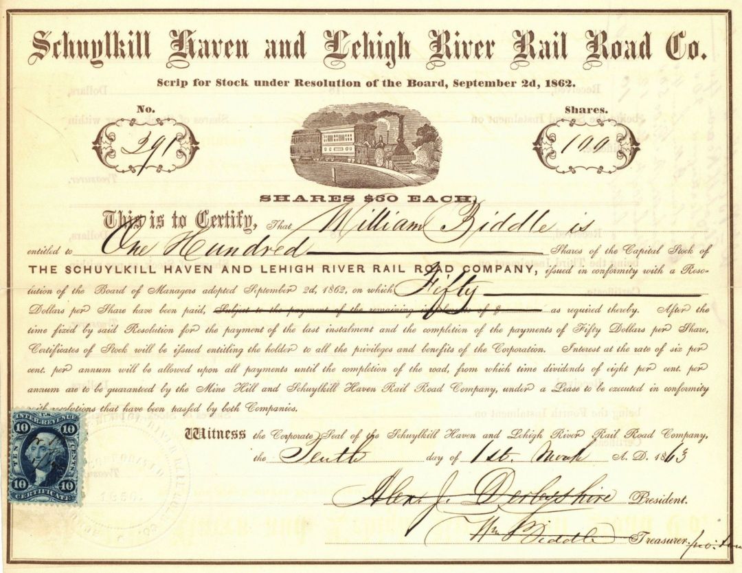 Schuylkill Haven and Lehigh River Rail Road Co. - Railway Stock Certificate with Revenue