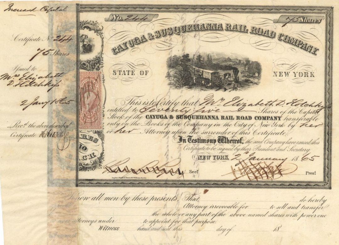 Cayuga and Susquehanna Railroad Co. - 1865 dated Stock Certificate
