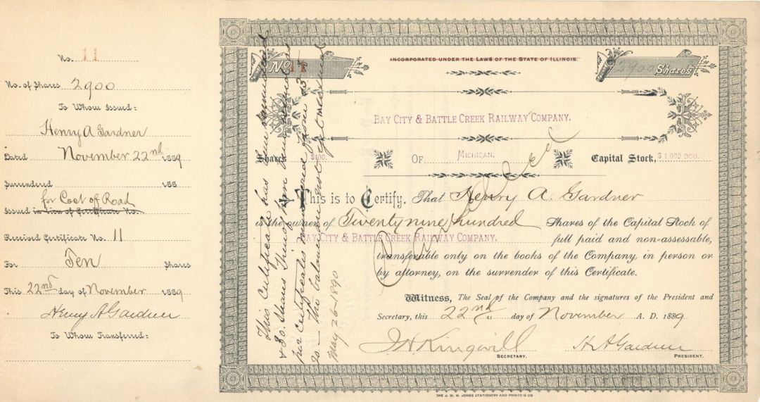 Bay City and Battle Creek Railway Co. - Railroad Stock Certificate
