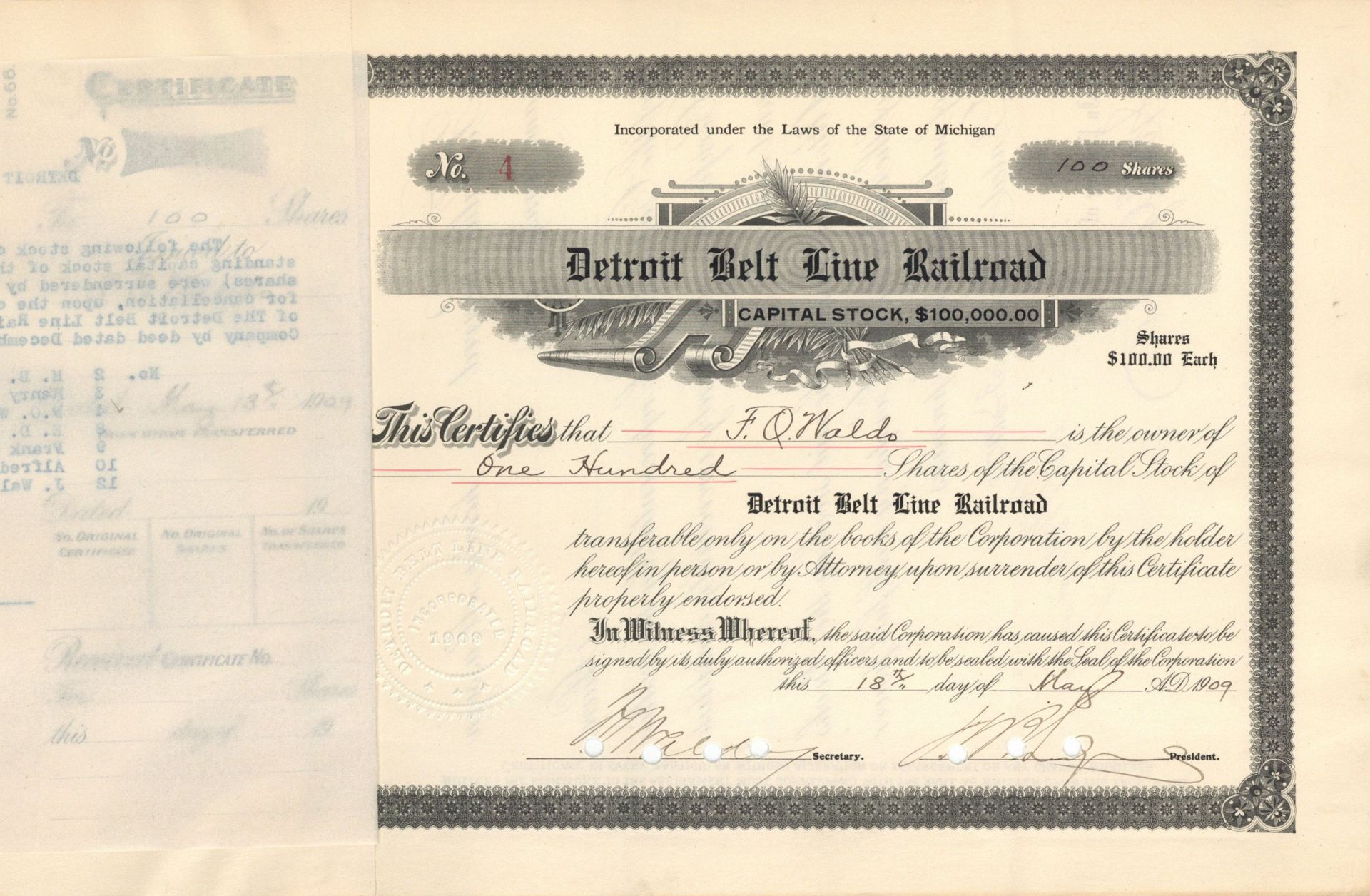 Detroit Belt Line Railroad - Stock Certificate