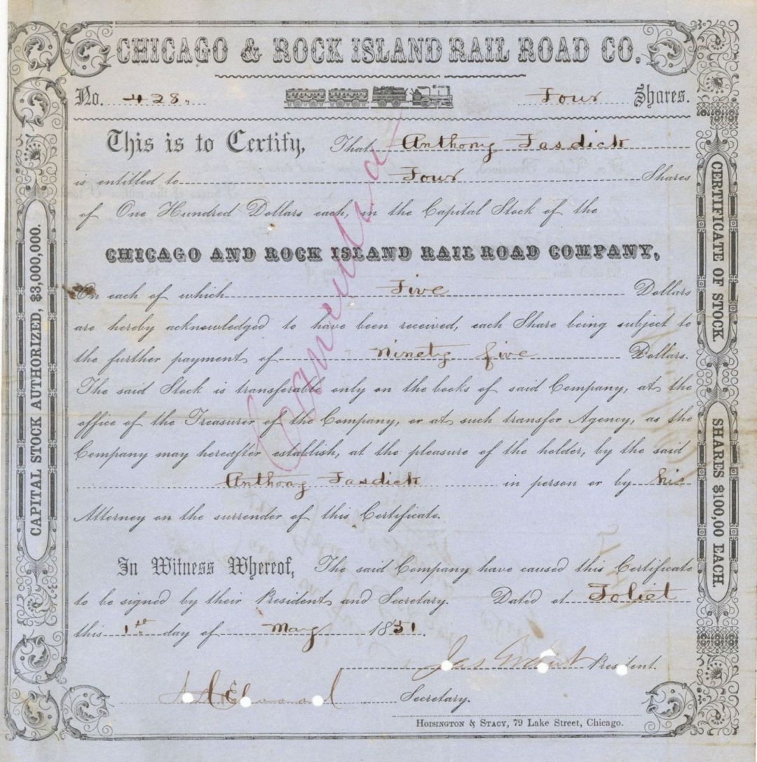 Chicago and Rock Island Rail Road Co. - Illinois Railway Stock Certificate
