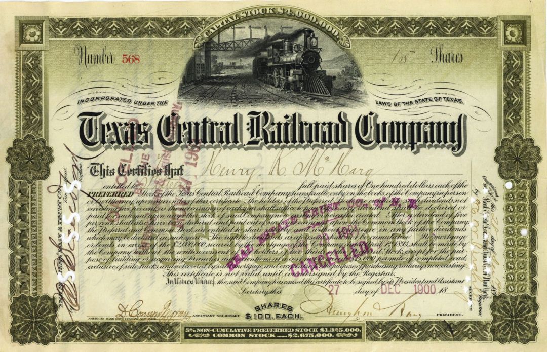 Texas Central Railroad Co. - Railway Stock Certificate