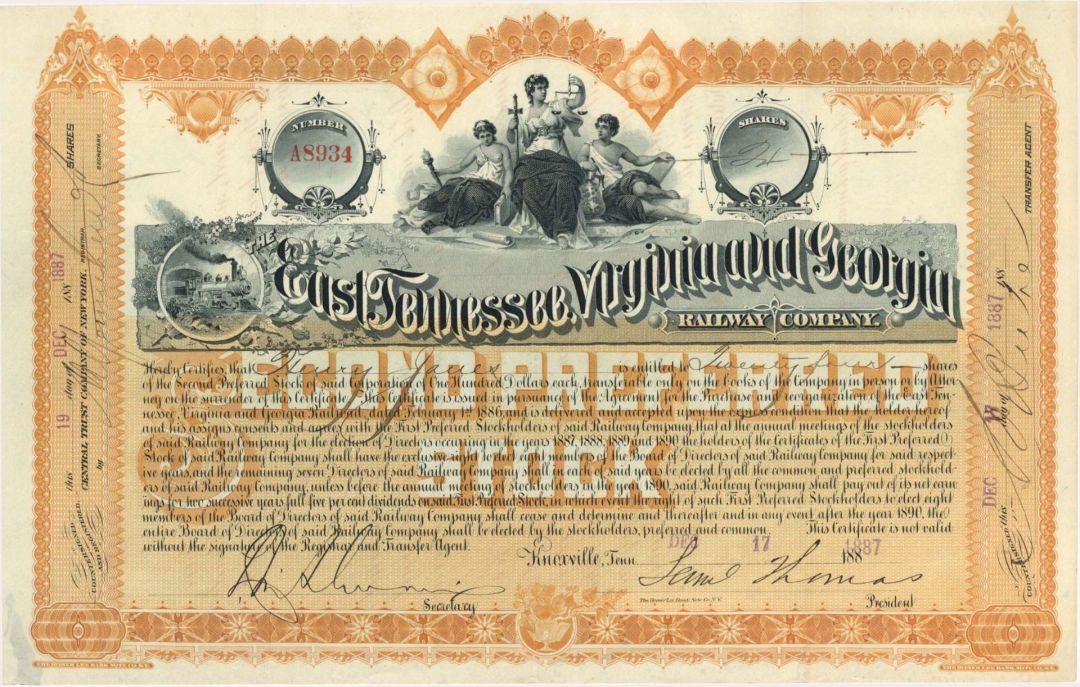 East Tennessee, Virginia and Georgia Railway Co. - 1887 dated Railway Stock Certificate