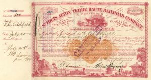 St. Louis, Alton and Terre Haute Railroad Co. - 1870's dated Railway Stock Certificate with Orange Revenue