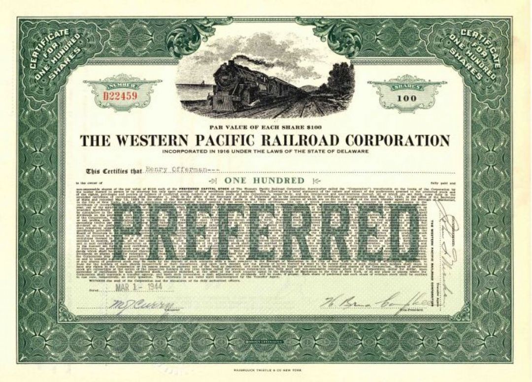 Western Pacific Railroad Corporation - Railway Stock Certificate