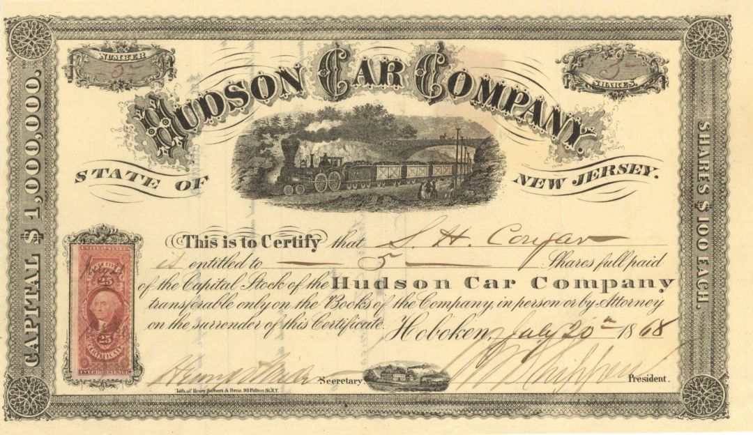 Hudson Car Co. - Railroad Cars - 1868 dated Stock Certificate