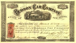 Hudson Car Co. - Railroad Cars - Hoboken, New Jersey Stock Certificate