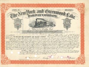 New York and Greenwood Lake Railway Co. - 1885 or 1887 dated Stock Certificate