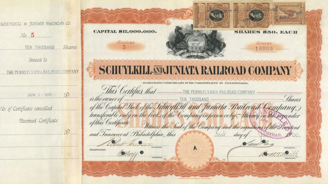 Schuylkill and Juniata Railroad Co. - 10,000 Shares - 1900 dated Railway Stock Certificate