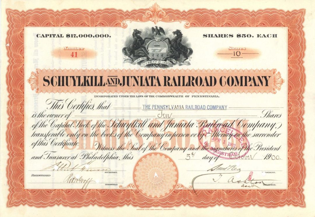Schuylkill and Juniata Railroad Co. -  1900 dated Railway Stock Certificate